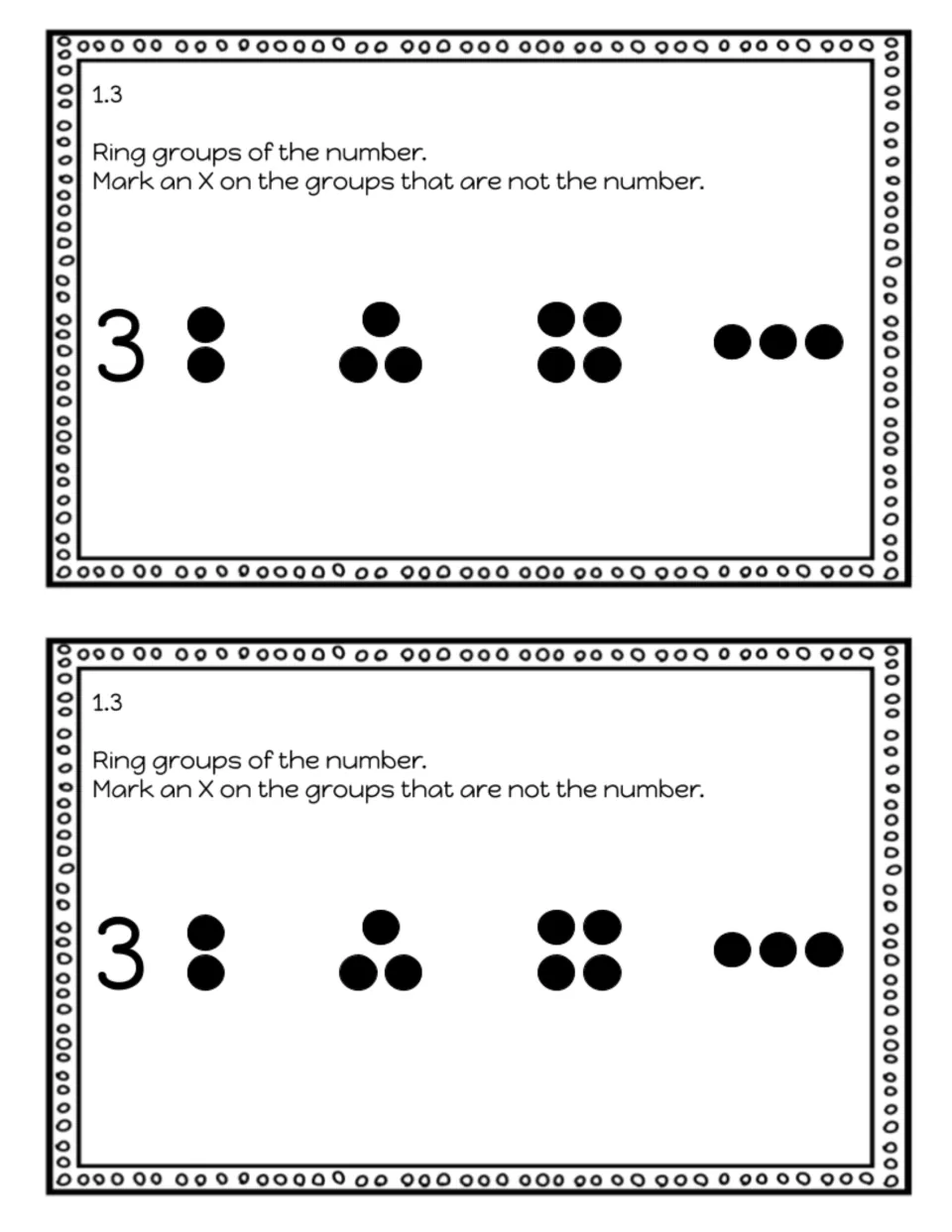 Exit slip 1.3 on recognizing groups of 3: students ring dot groups that show 3 and mark an X on groups of 2 or 4