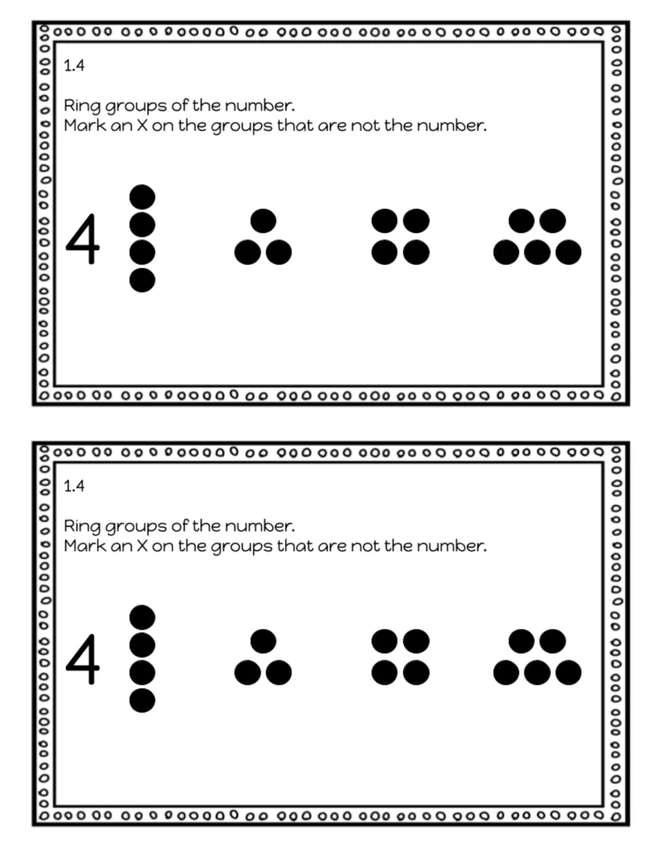 Exit slip 1.4 on recognizing groups of 4: students ring dot sets of 4 and mark an X on the sets of 3 and 5 dots