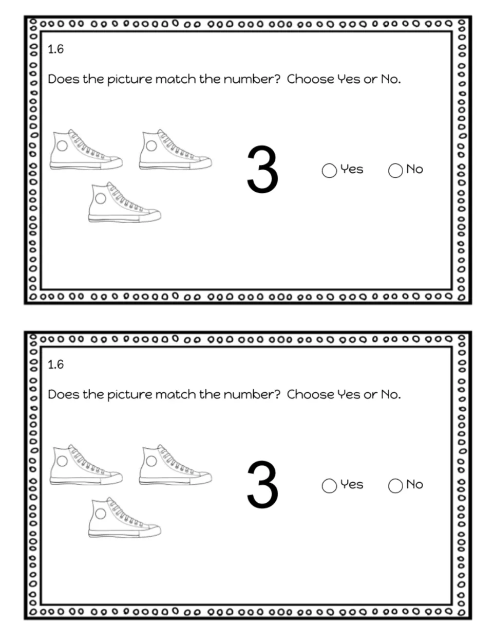 Exit slip 1.6 on matching quantity to numeral: students count 3 sneakers and choose Yes or No for whether they match 3