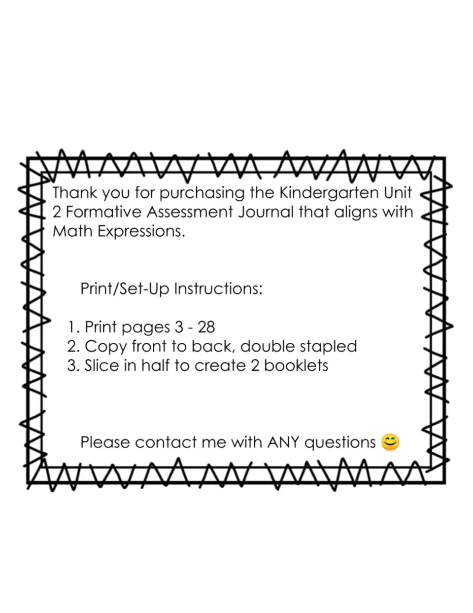 Thank-you note with print and set-up steps: print pages 3-28, copy front to back, double staple and slice into 2 booklets