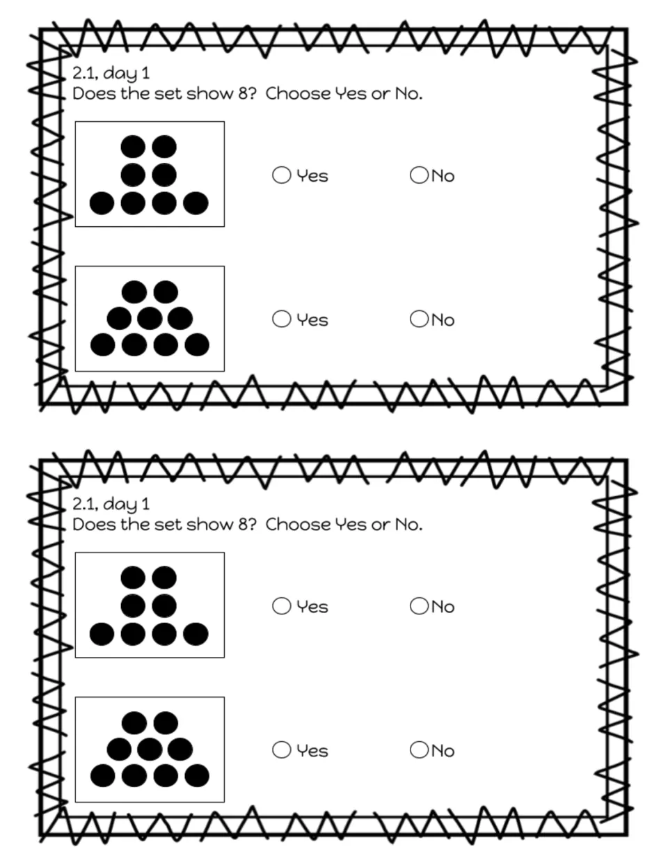 Recognizing 8 in dot sets: lesson 2.1, day 1 exit slip where students mark Yes or No for whether each set shows 8