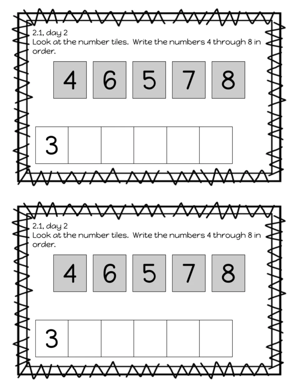 Ordering numbers 4 to 8: lesson 2.1, day 2 exit slip where students write tiles 4, 6, 5, 7, 8 in order after 3