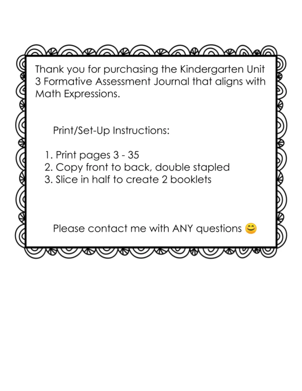 Thank-you note and set-up steps: print pages 3 to 35, copy front to back, double staple, slice in half for 2 booklets