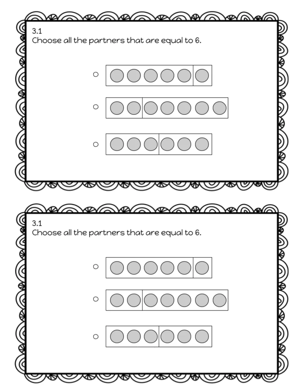 Partners of 6 exit slip 3.1: students mark each dot-bar split that shows partners equal to 6, out of three choices