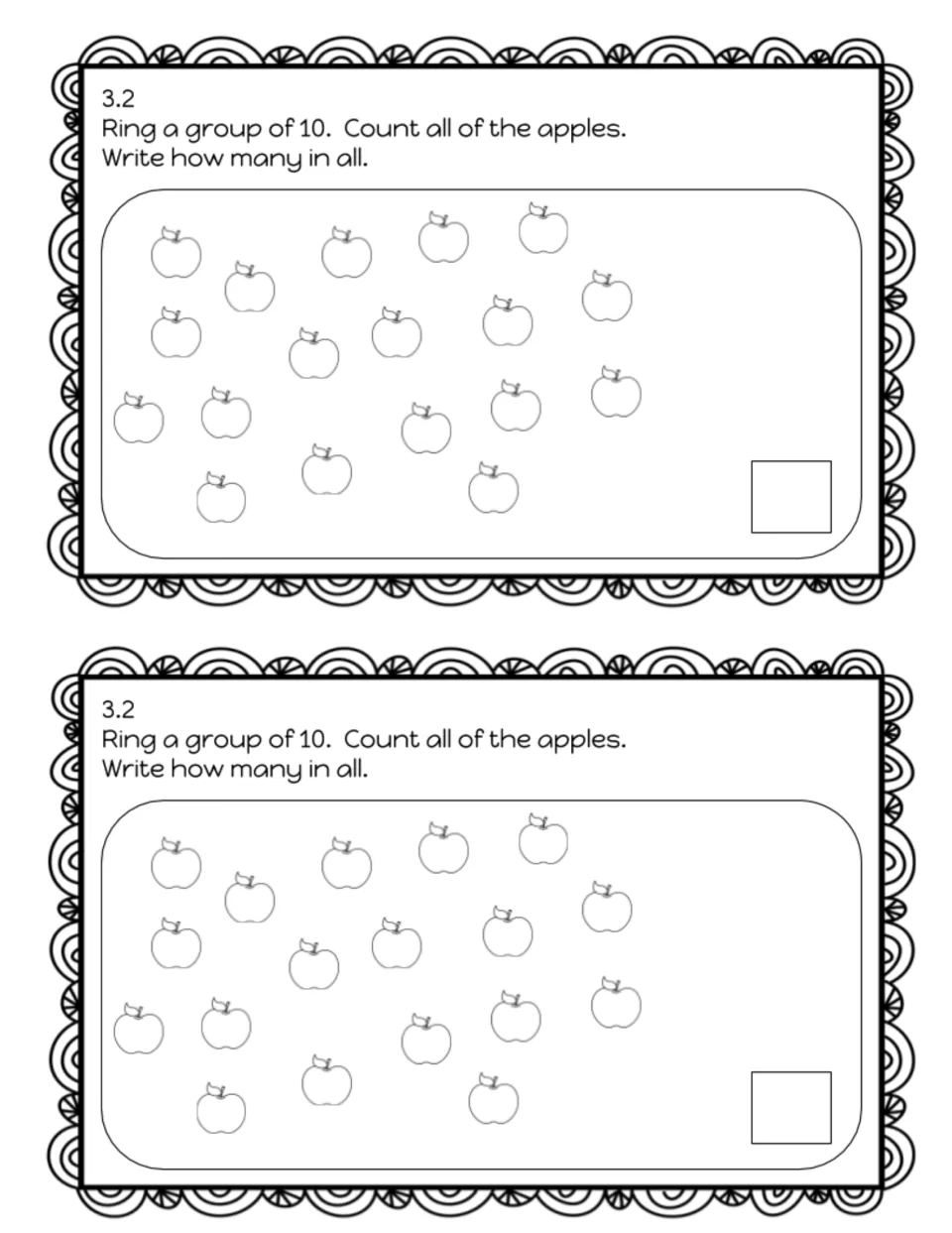 Counting apples to show tens and ones, slip 3.2: students ring a group of 10 apples, count them all and write the total