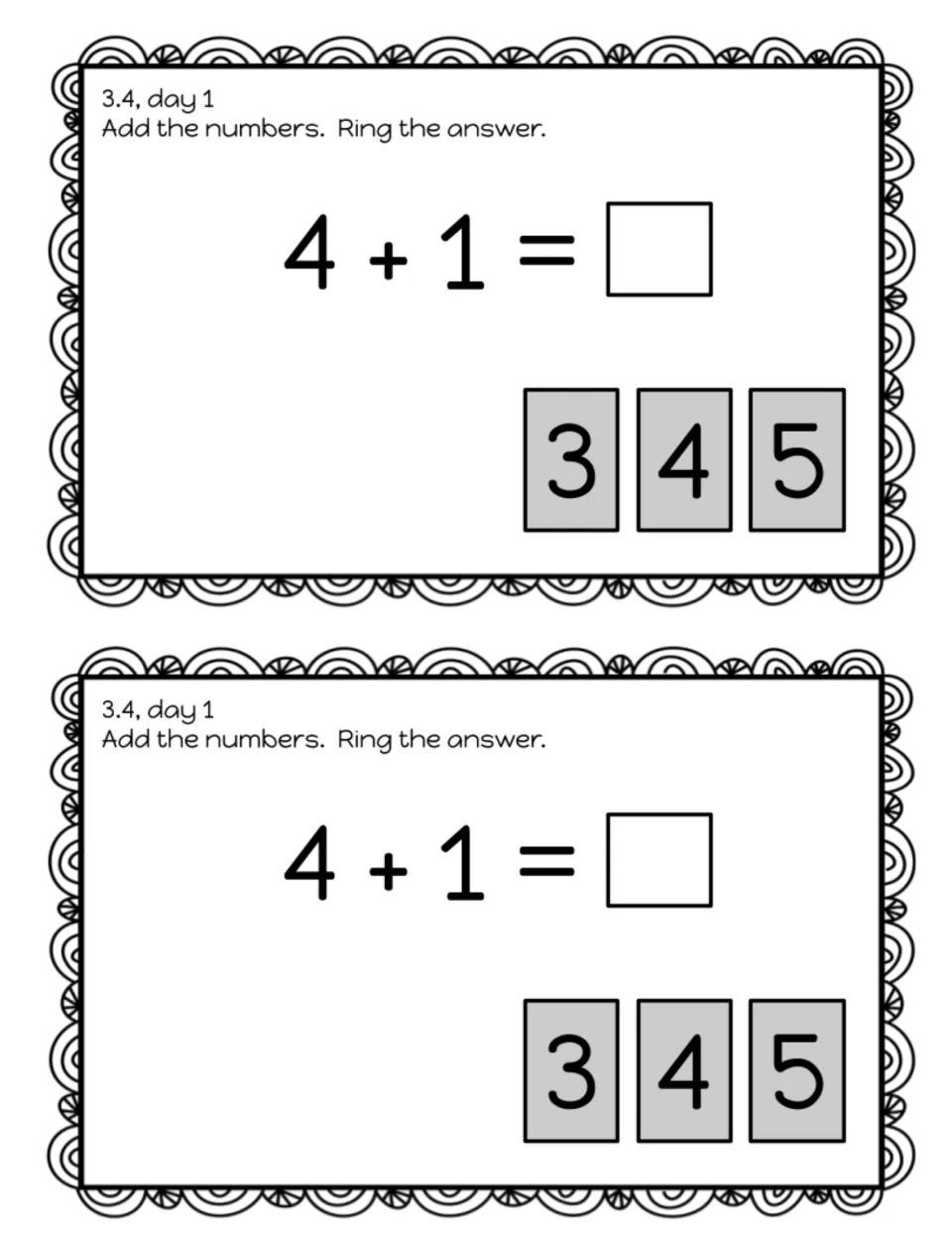 Addition exit slip 3.4, day 1: students solve 4 + 1 and ring the correct answer from the choices 3, 4 and 5