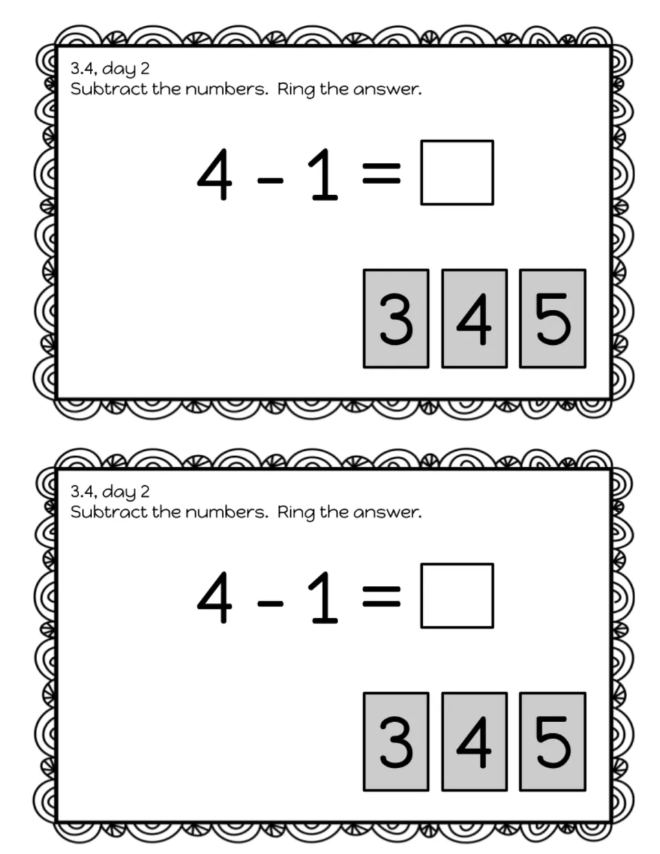 Subtraction exit slip 3.4, day 2: students solve 4 - 1 and ring the correct answer from the choices 3, 4 and 5