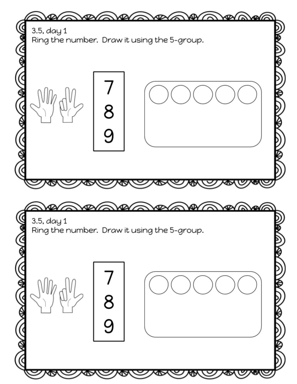Finger counting with 5-groups, slip 3.5, day 1: students ring 7, 8 or 9 to match two hands, then draw it using the 5-group