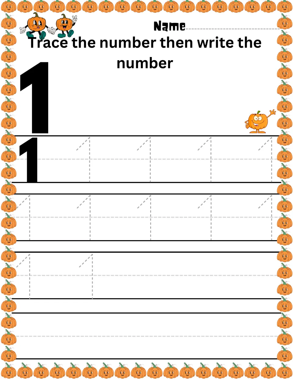 Numeral 1 writing practice: students trace dashed 1s, then write it on their own; one pumpkin character shows the amount