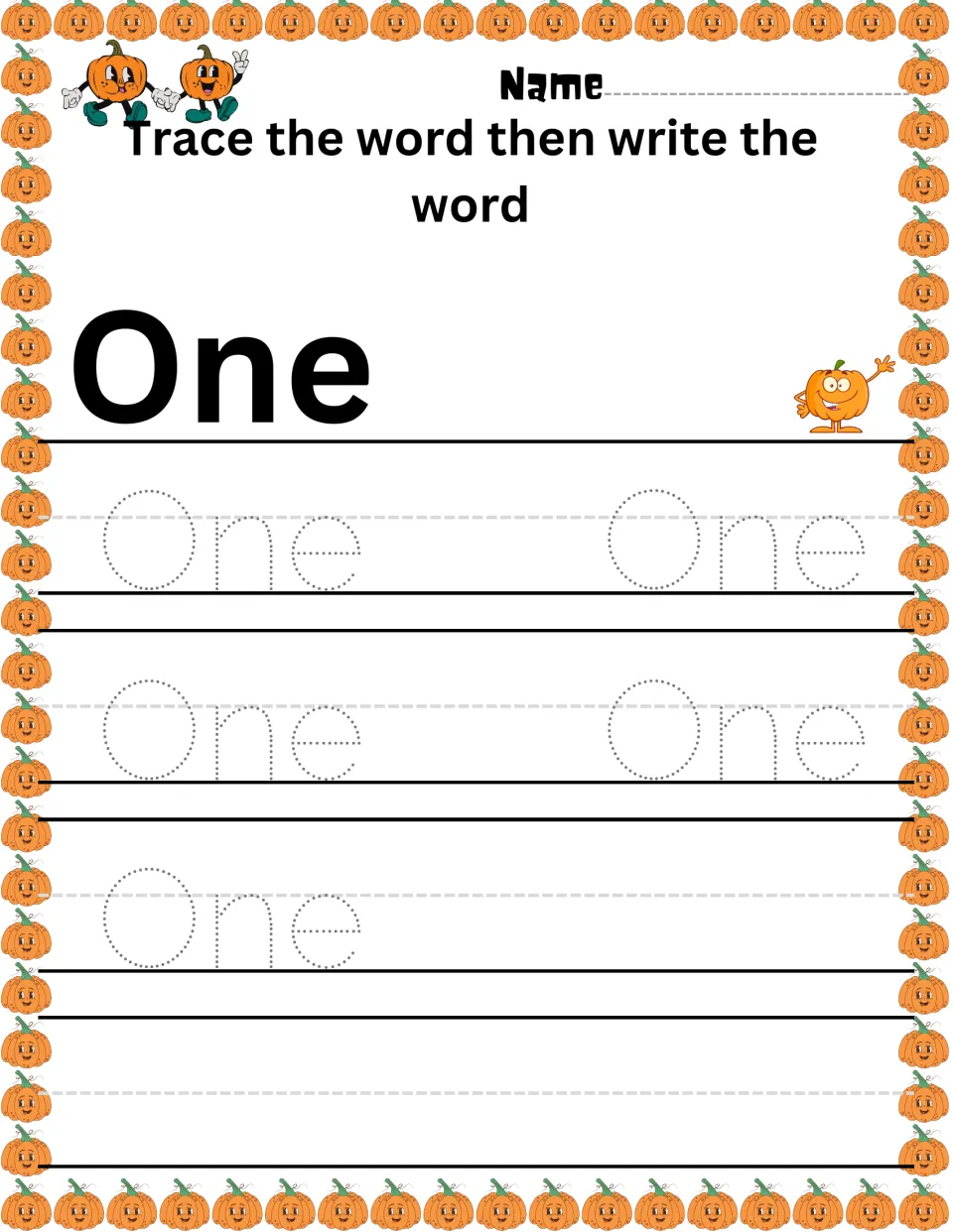 Number word One: students trace the dotted word One five times, then write it themselves next to one pumpkin character