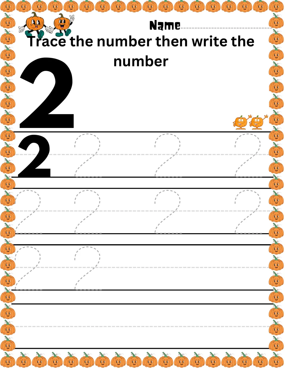 Numeral 2 writing practice: students trace nine dashed 2s, then write the number alone; two pumpkins show the count