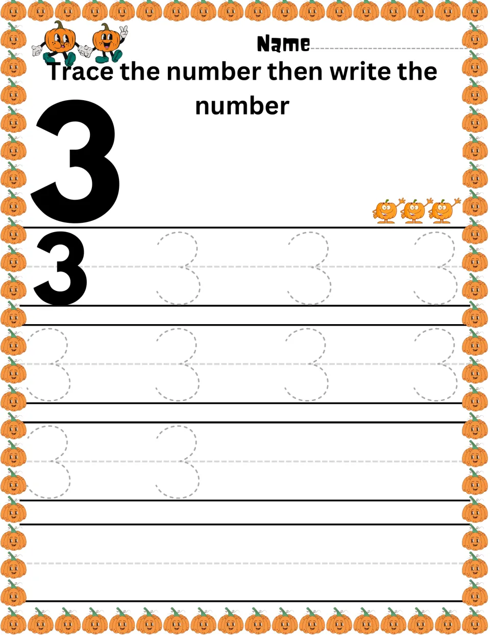 Numeral 3 writing practice: students trace nine dashed 3s, then form the number alone; three pumpkins show the count