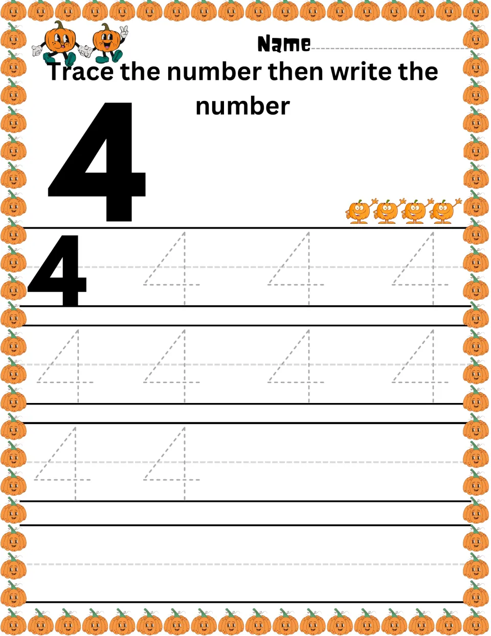 Numeral 4 writing practice: students trace nine dashed 4s, then write it independently; four pumpkins show the count