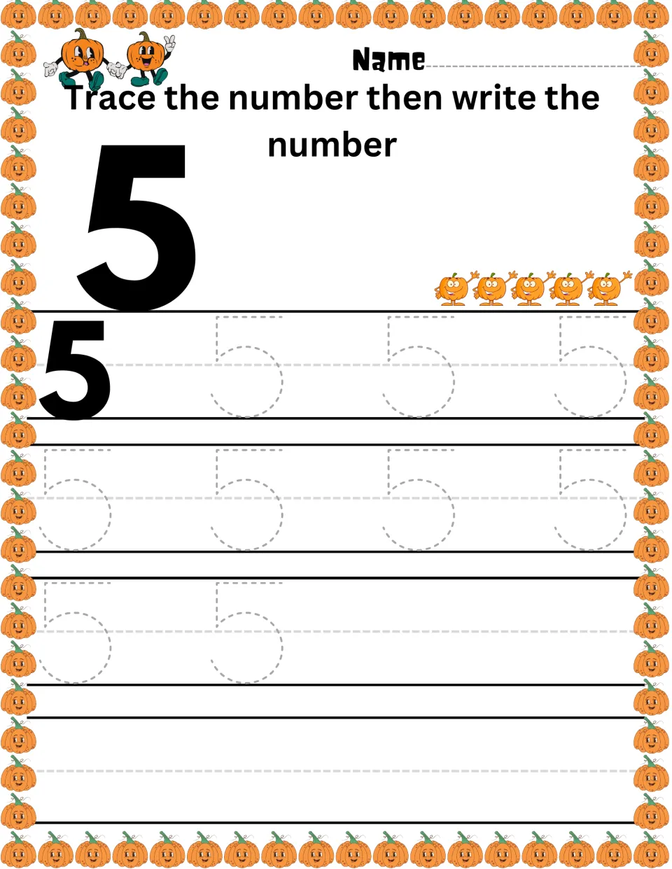 Numeral 5 writing practice: students trace nine dashed 5s, then write the number unaided; five pumpkins show the count