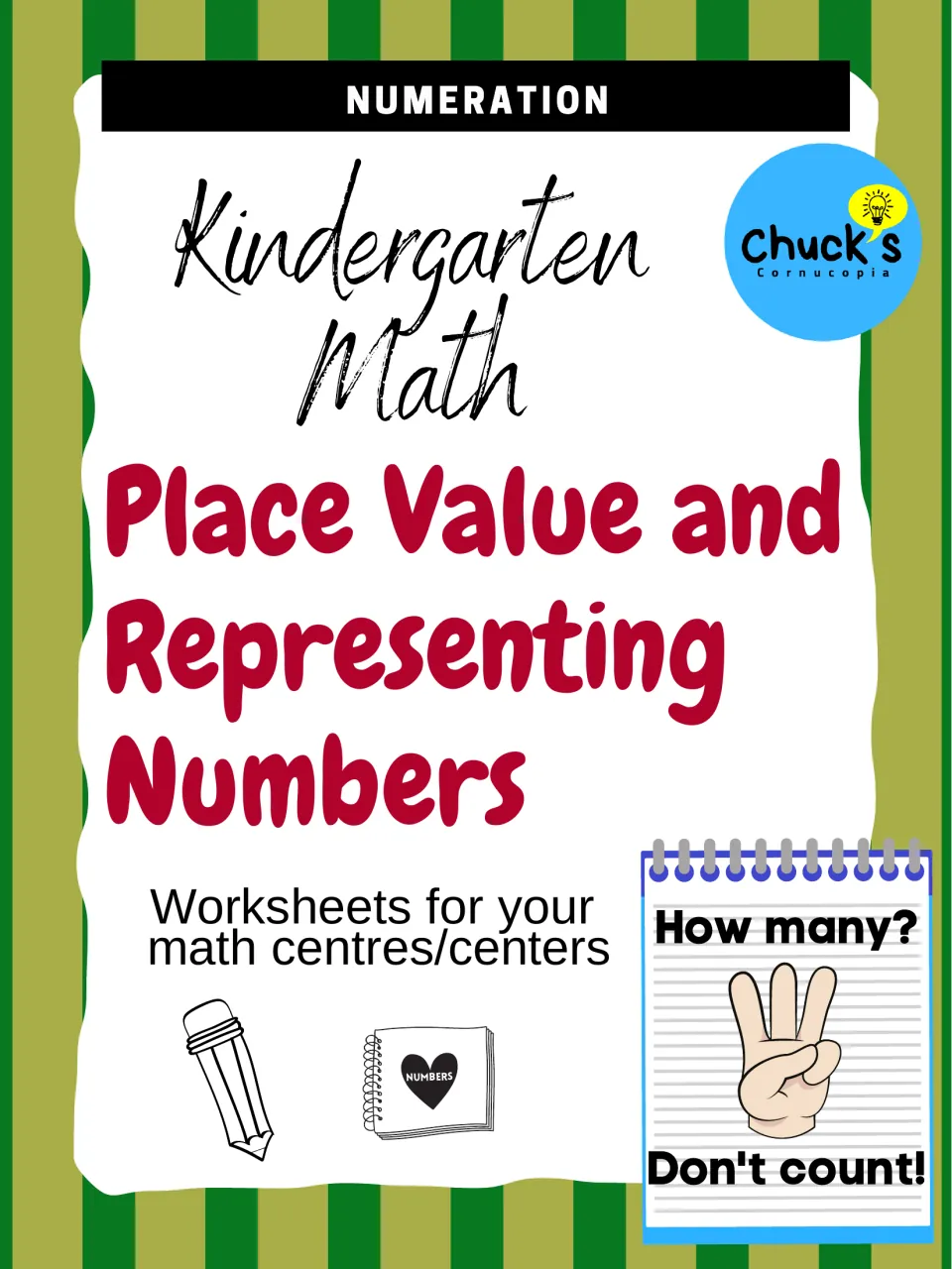 Cover of Kindergarten Math: Place Value and Representing Numbers, worksheets for math centers with a How many? hand card
