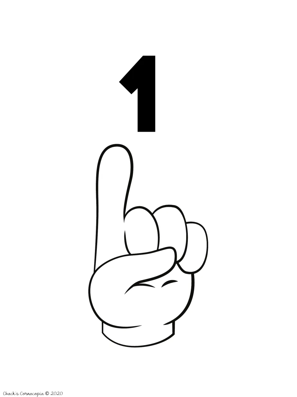 Finger number card for 1: the numeral 1 above an outline hand raising one finger, matching a numeral to a finger amount