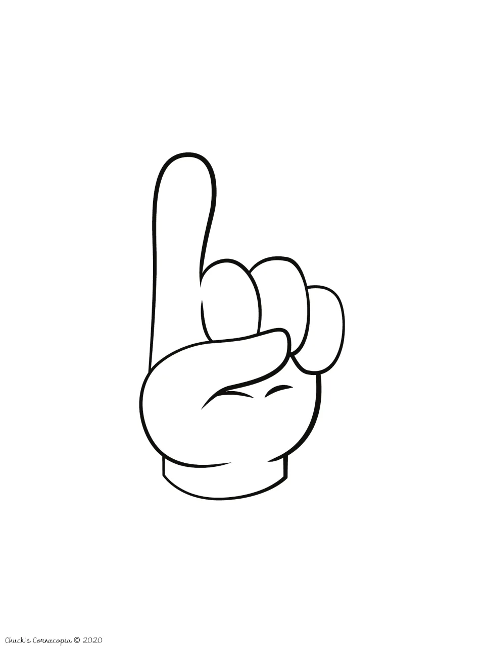 Finger card showing one raised finger on an outline hand with no numeral, so students name the amount at a glance