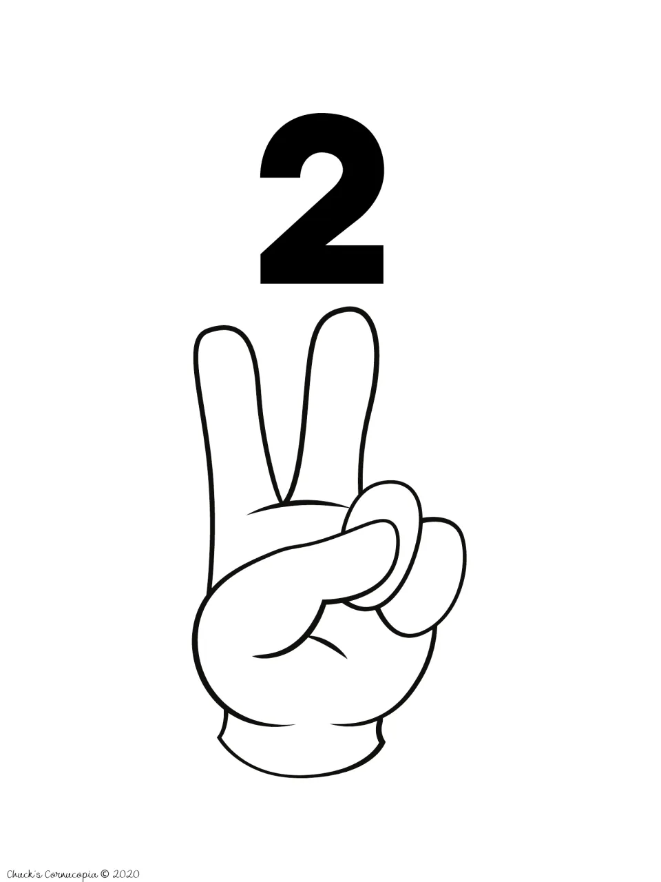 Finger number card for 2: the numeral 2 above an outline hand raising two fingers, linking a numeral to a quantity