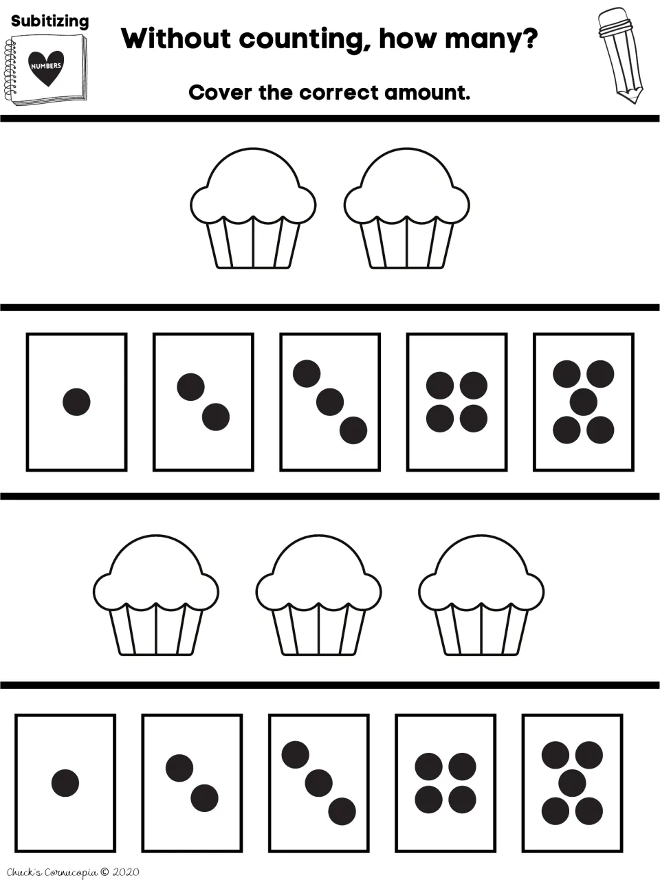 Subitizing: students see 2 cupcakes and then 3 cupcakes and cover the dot card from 1 to 5 that matches each amount
