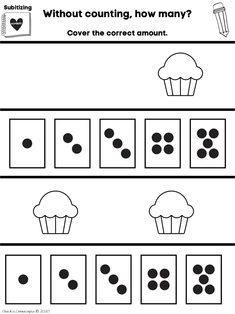 Subitizing practice: students cover the dot card matching 1 cupcake, then 2 spaced-apart cupcakes, choosing from 1 to 5