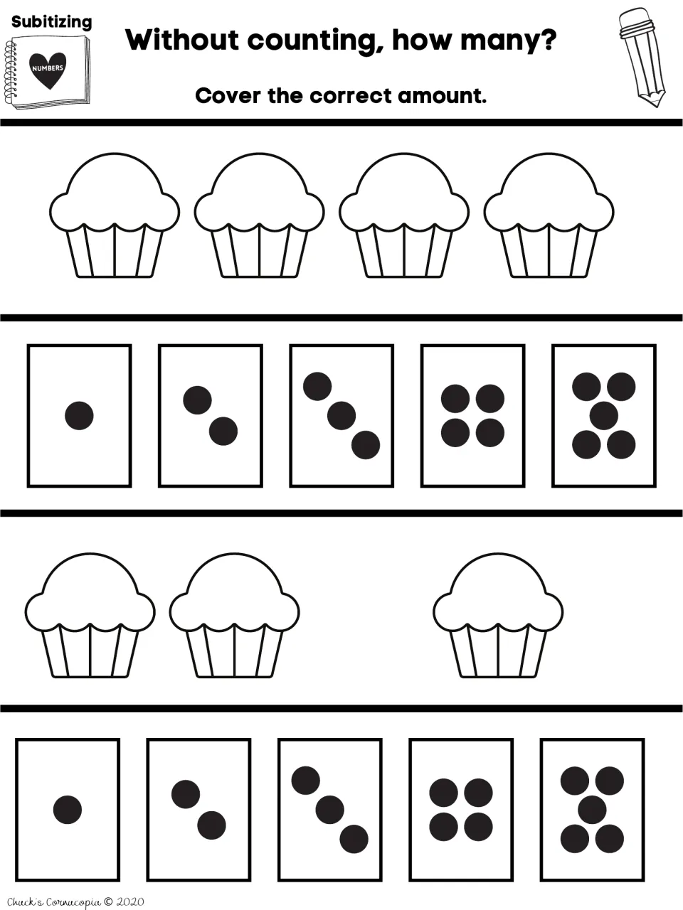 Subitizing cupcakes: students cover the dot card that matches a row of 4 cupcakes and a split group of 3 cupcakes