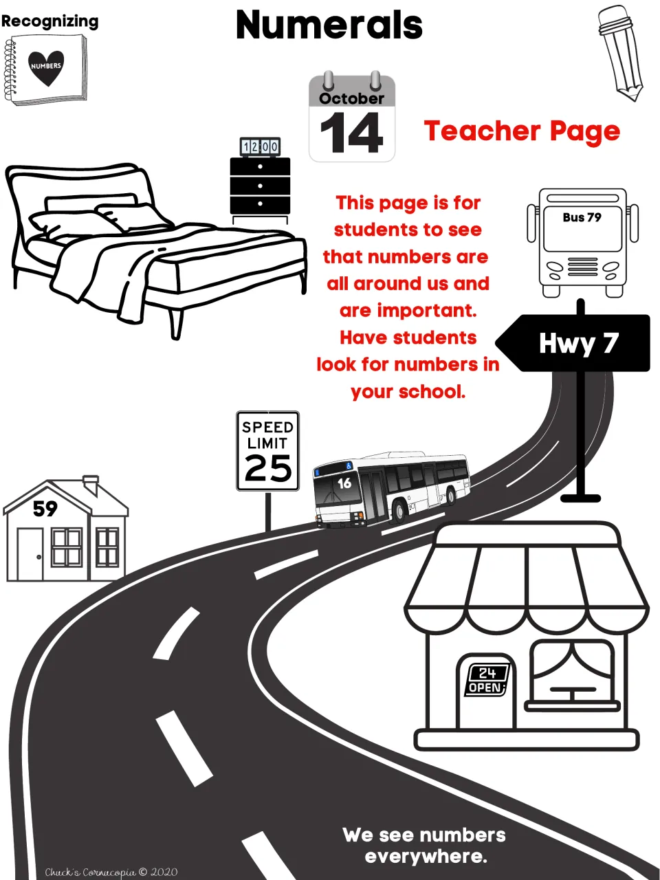 Recognizing numerals teacher page: a road scene with numbers on a clock, calendar, bus, speed sign, house and store