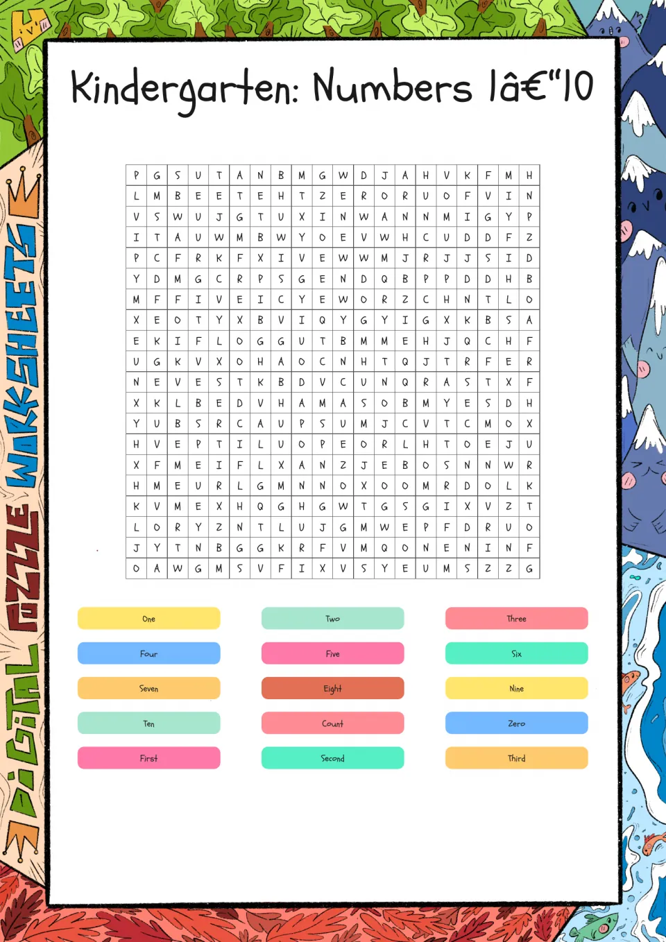 Number words word search: students find one through ten plus zero, count, first, second and third in a letter puzzle