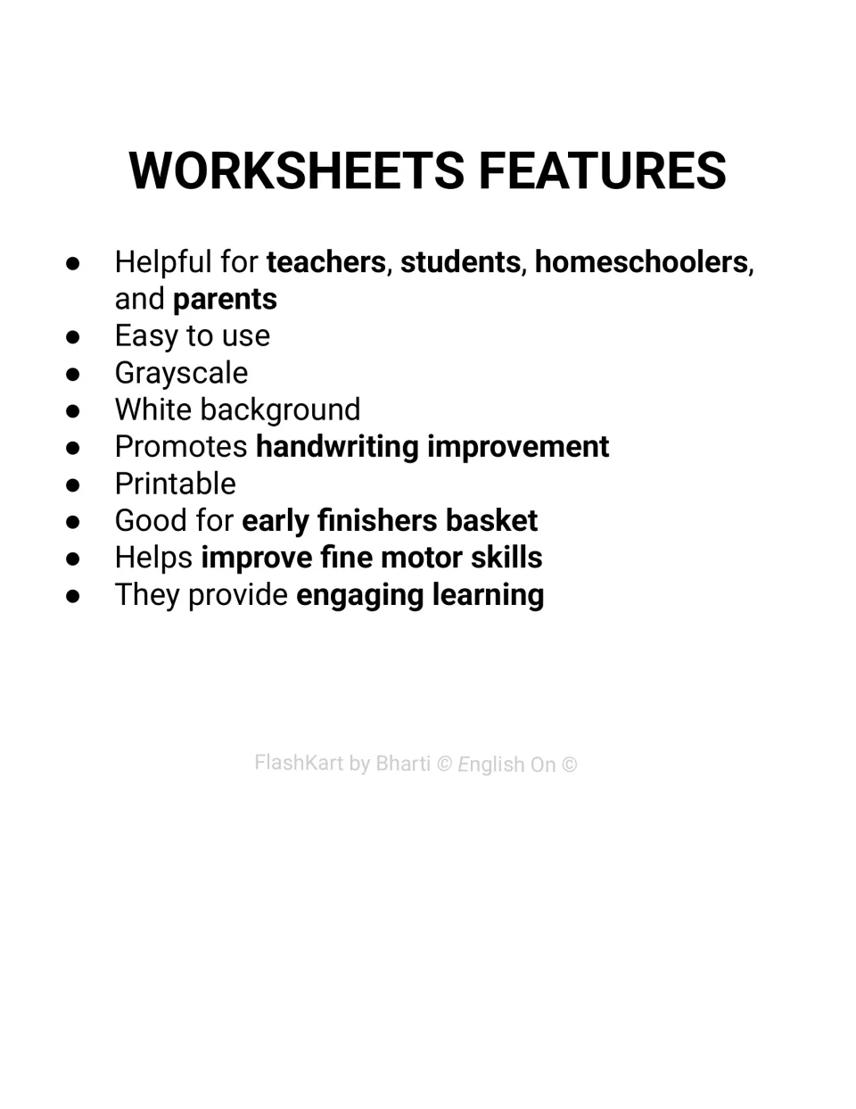 Features list for the worksheets: grayscale, white background, printable, handwriting and fine motor practice