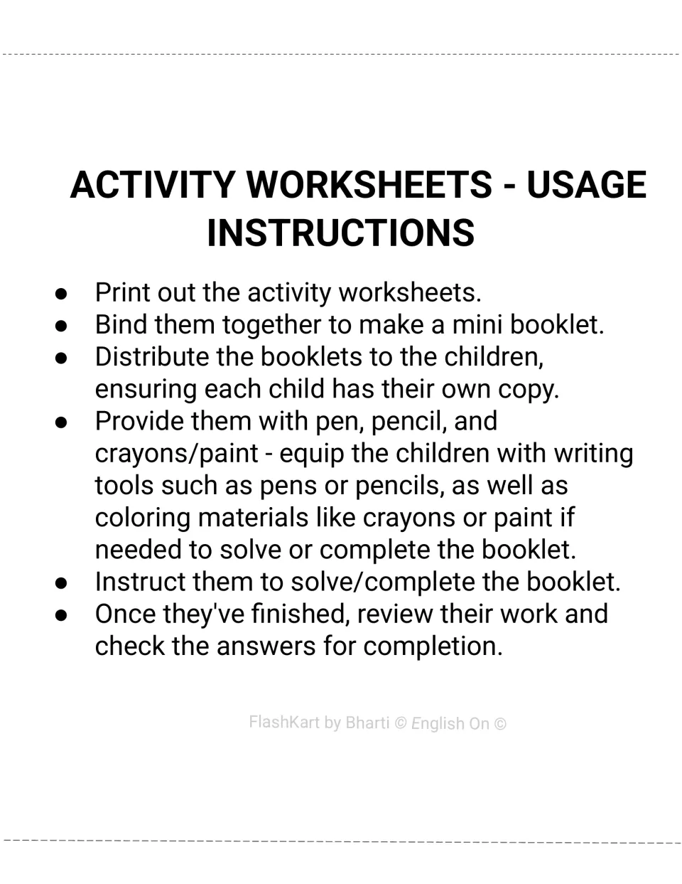 Usage instructions: print the worksheets, bind them into a mini booklet, hand out crayons and pencils, then review work