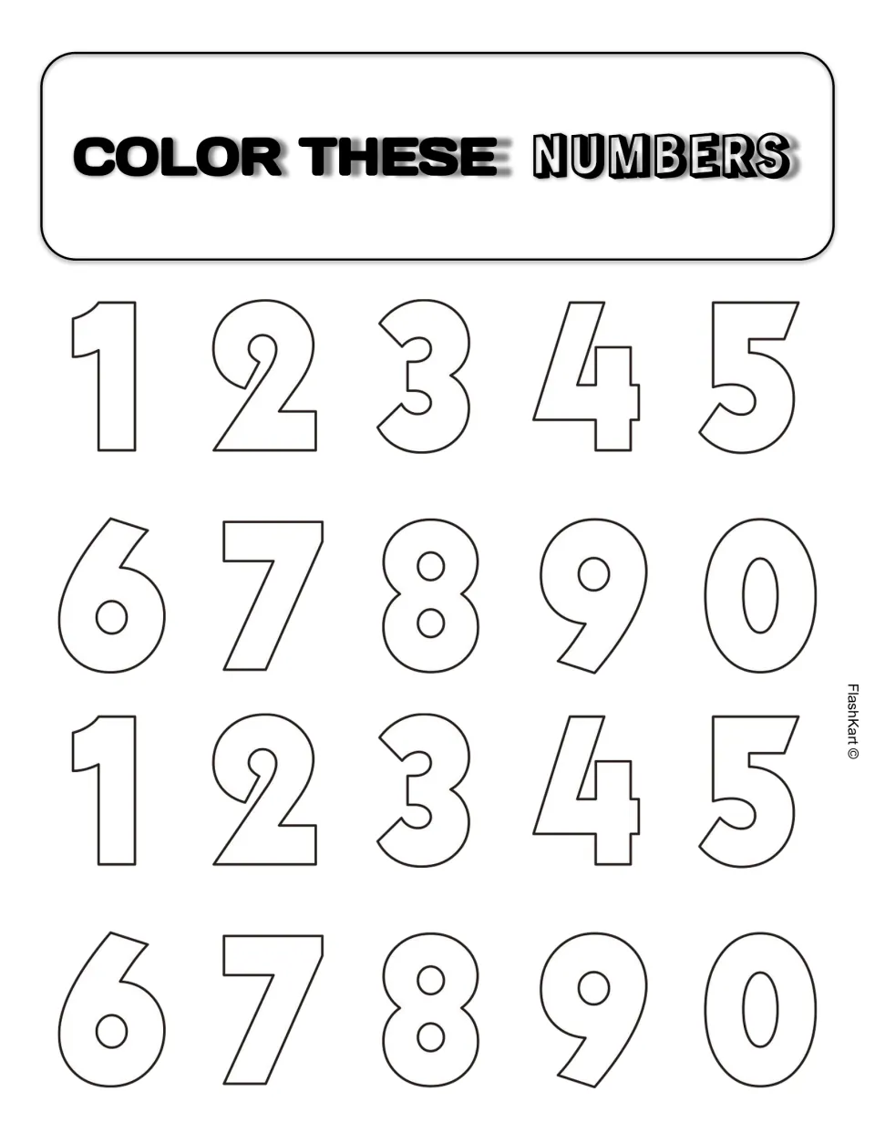 Color These Numbers: students color two sets of bubble-outline digits 1 through 9 and 0 to practise numeral recognition