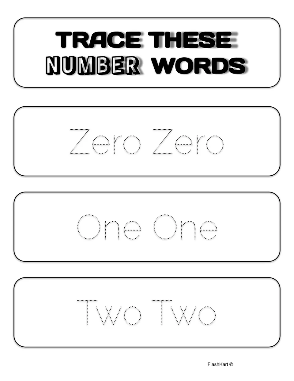 Trace These Number Words: students trace dotted Zero, One and Two, each written twice, to practise handwriting