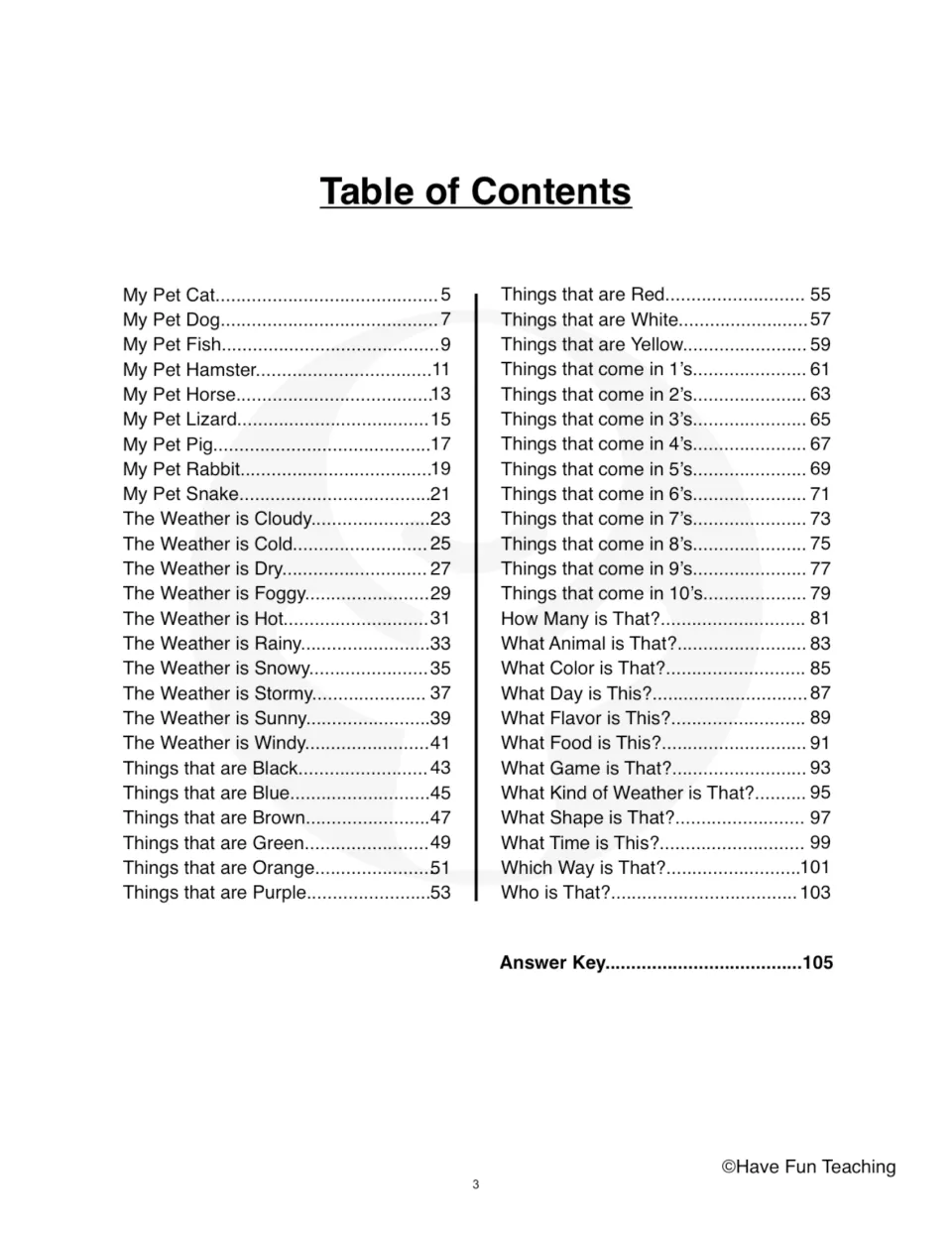 Table of contents listing 50 story titles on pets, weather, colors, counting and 'What is That?' questions, plus answer key