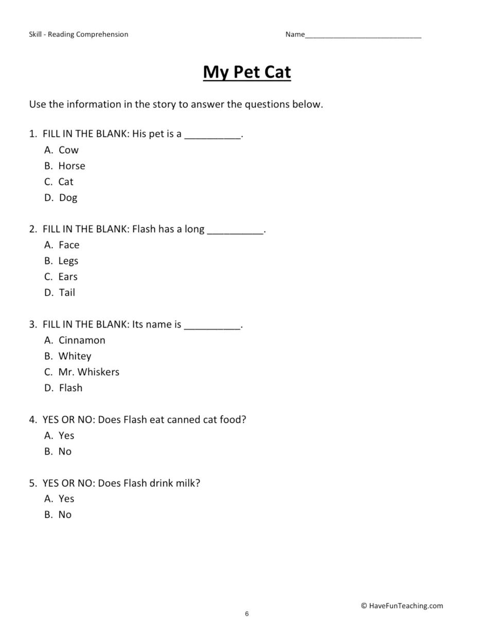 My Pet Cat questions: students recall story details in 3 fill-in-the-blank and 2 yes-or-no multiple-choice items about Flash