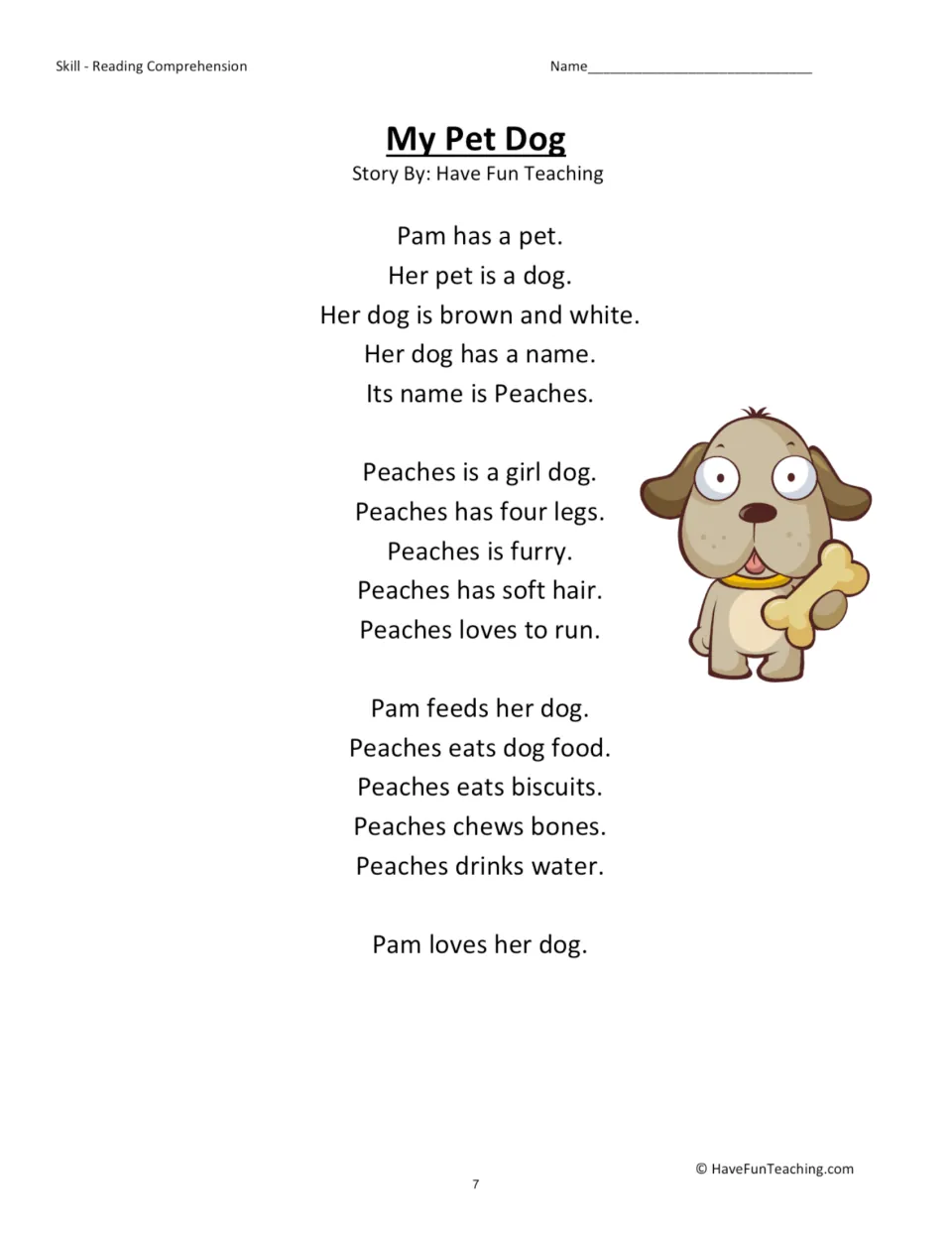 My Pet Dog story: simple sentences about Pam's brown and white dog Peaches, her fur, food and love of running, with a puppy