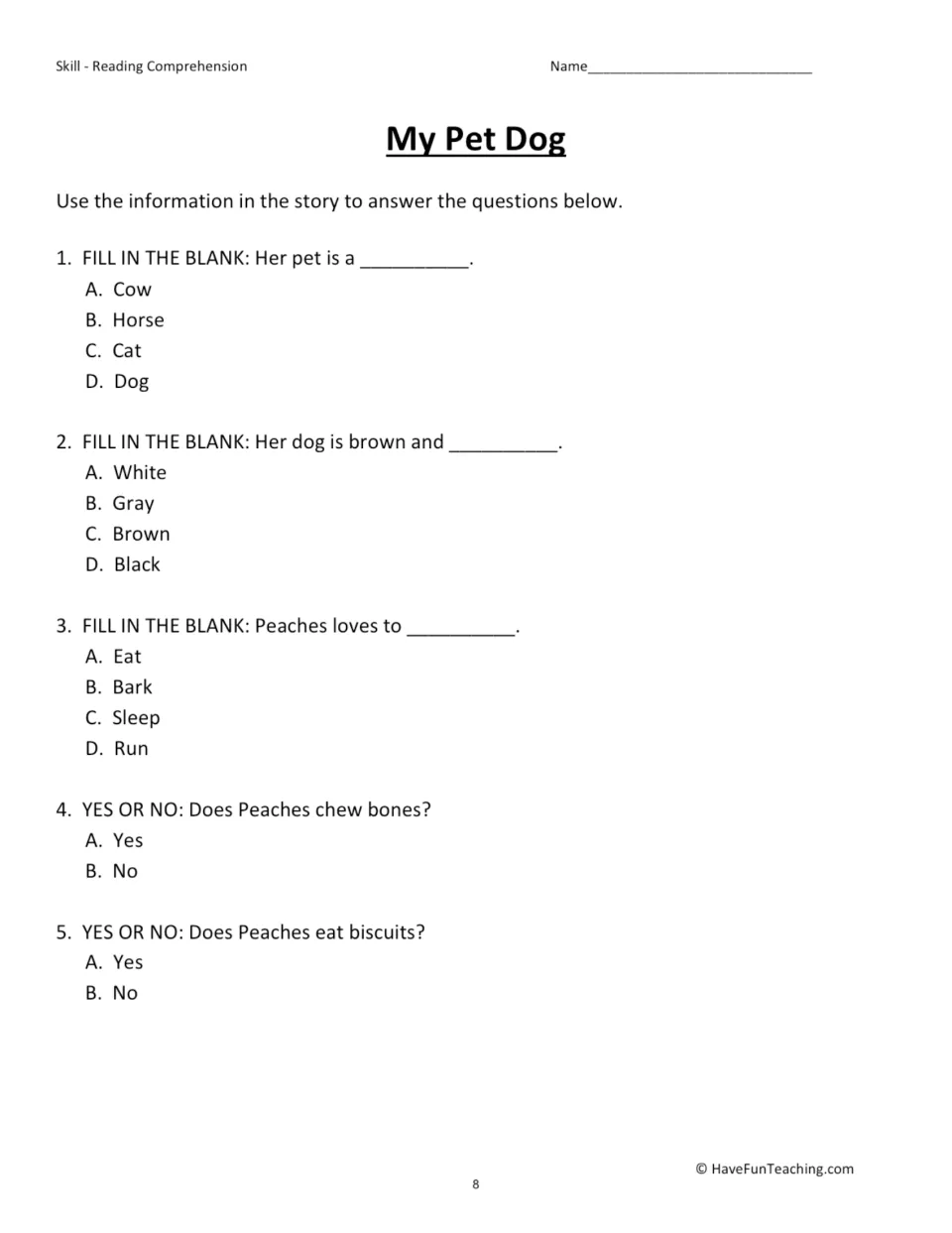 My Pet Dog questions: students recall details about Peaches in 3 fill-in-the-blank and 2 yes-or-no multiple-choice items