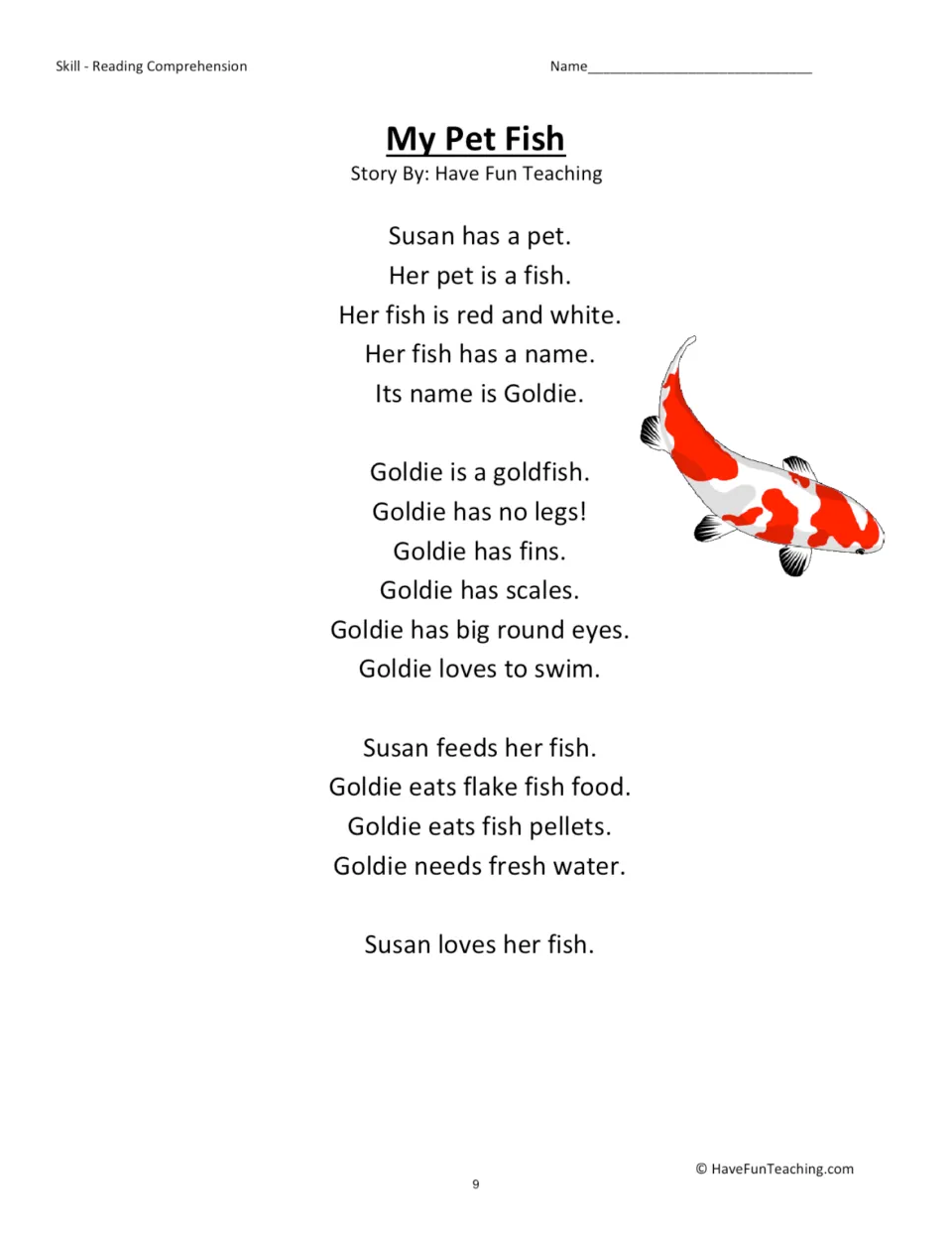 My Pet Fish story: simple sentences about Susan's red and white goldfish Goldie, her fins, scales and food
