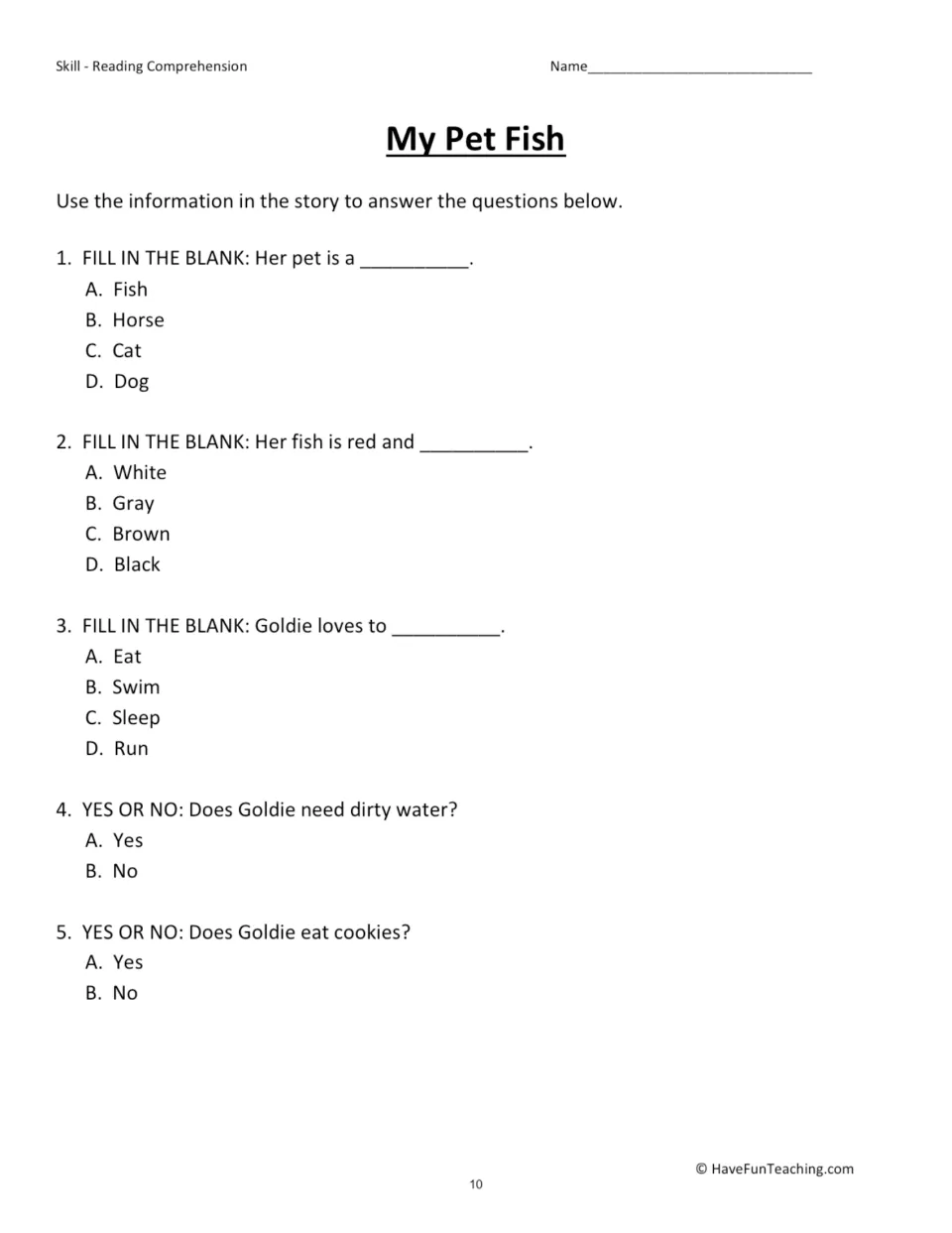 My Pet Fish questions: students recall details about Goldie in 3 fill-in-the-blank and 2 yes-or-no multiple-choice items