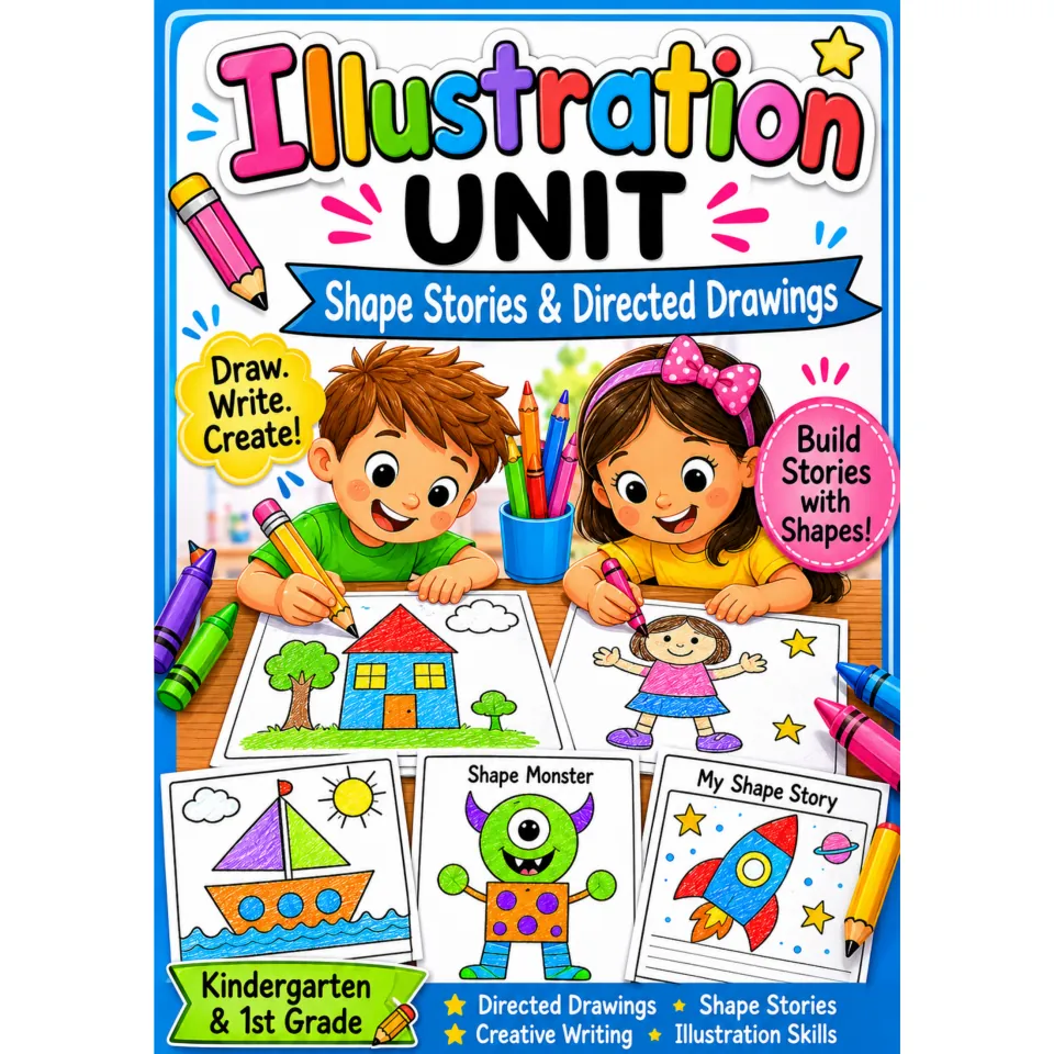 Illustration Unit cover: shape stories and directed drawings for kindergarten and 1st grade: draw, write, create
