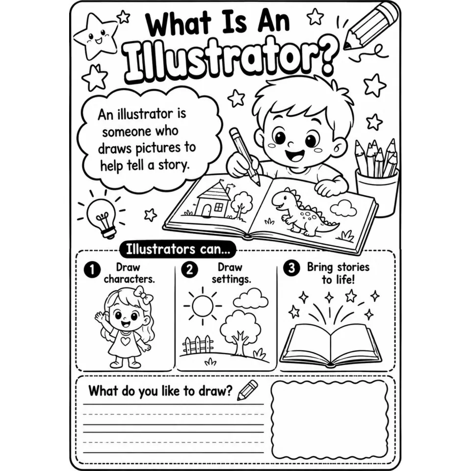 What Is An Illustrator? Students learn illustrators draw characters and settings, then write what they like to draw