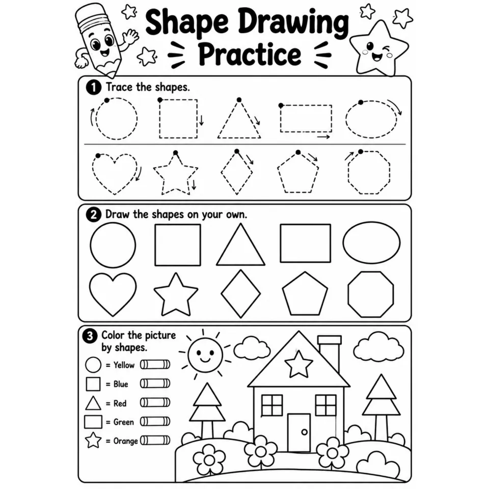 Shape Drawing Practice: students trace 10 shapes, draw them on their own, then color a house by shape color code