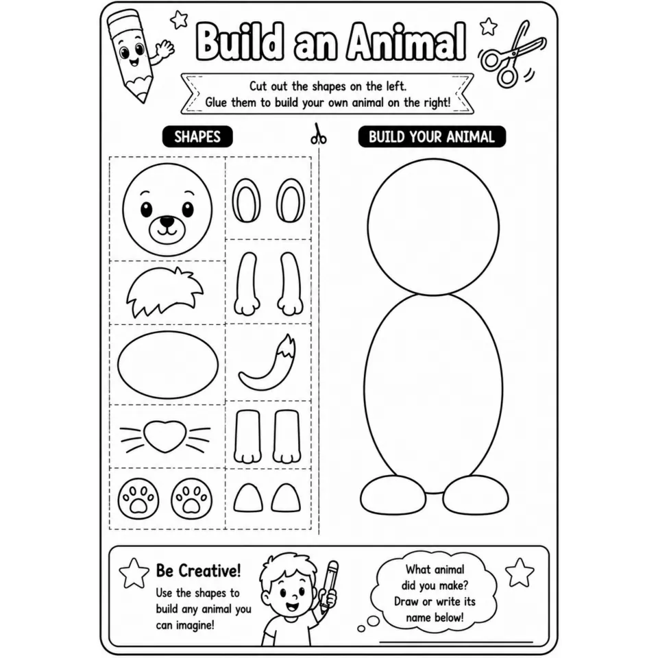 Build an Animal: students cut out a bear face, ears, legs, tail and paws, glue them on, then write the animal's name