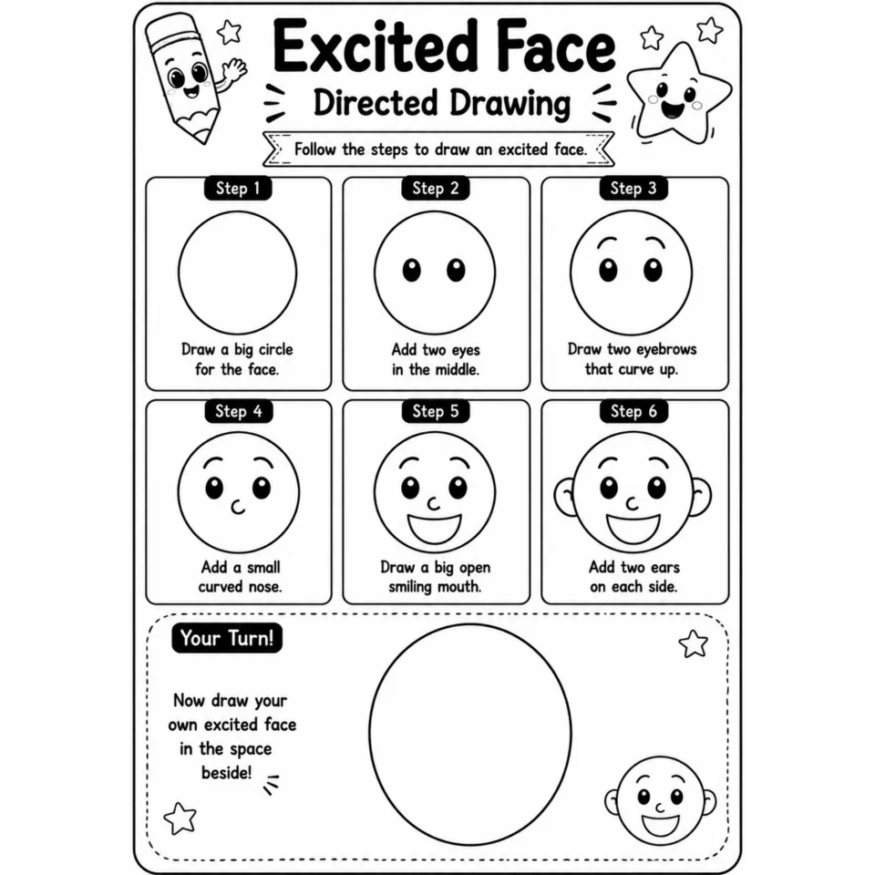Excited Face directed drawing: six steps ending in an open smiling mouth and ears, then a Your Turn space to draw one