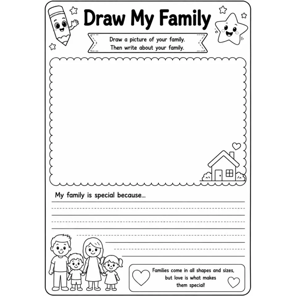 Draw My Family: students draw a picture of their family, then finish the starter 'My family is special because...'