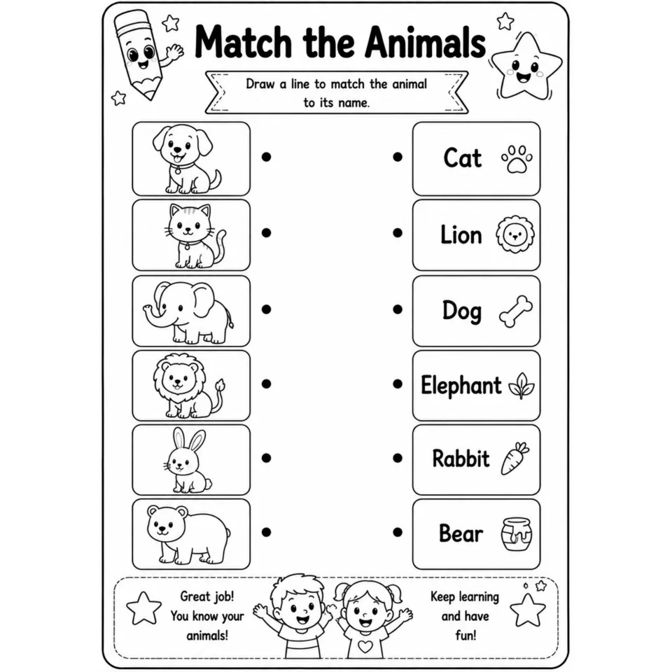 Match the Animals: students draw lines matching pictures of a dog, cat, elephant, lion, rabbit and bear to their names