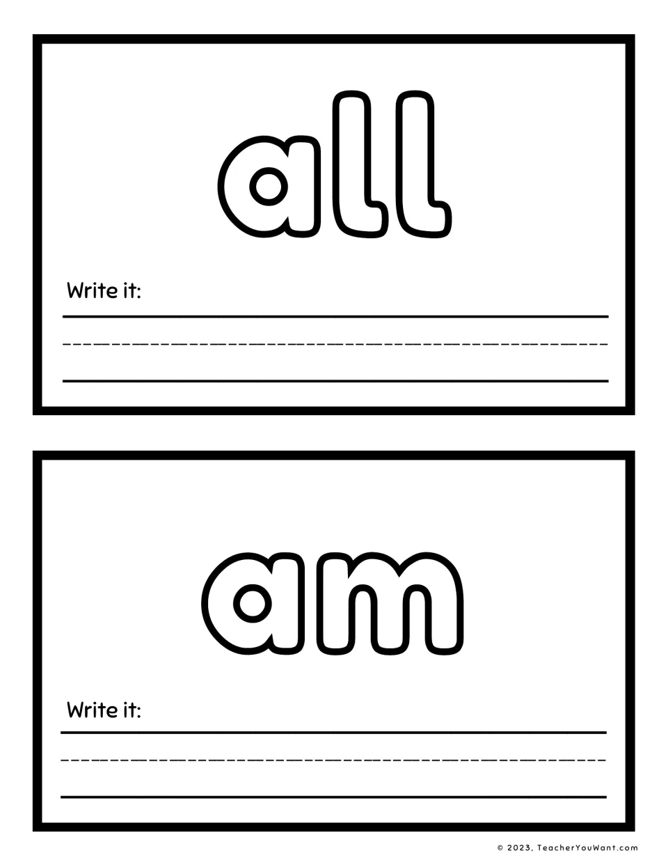 Sight word playdough mats for 'all' and 'am', with large letters to shape and a 'Write it' prompt on each.