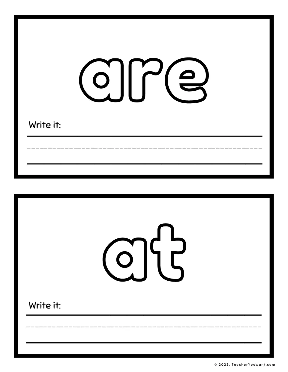 Sight word playdough mats for 'are' and 'at', with large letters to shape and a 'Write it' prompt on each.