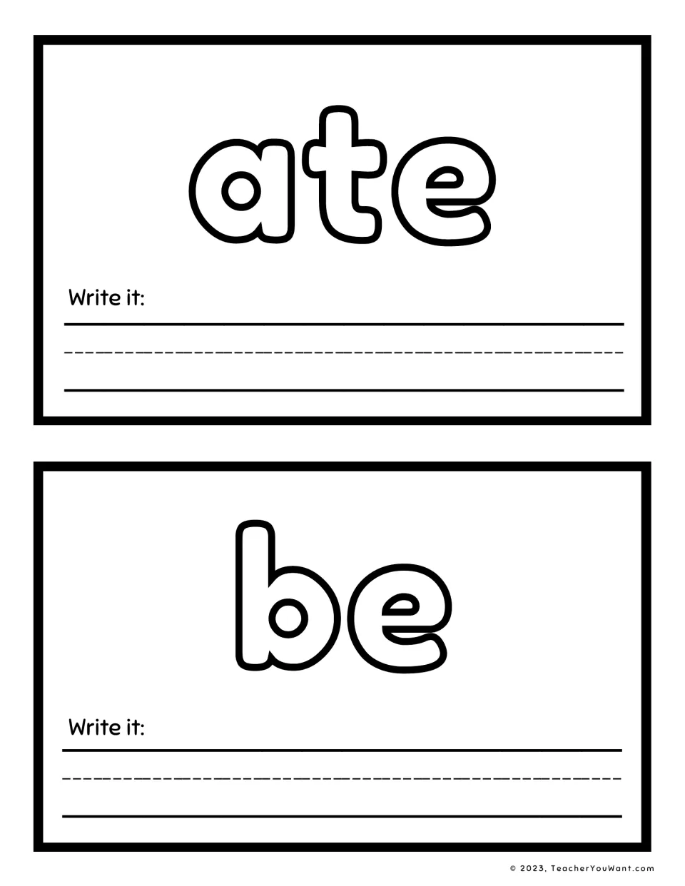 Sight word playdough mats for 'ate' and 'be', with large letters to shape and a 'Write it' prompt on each.
