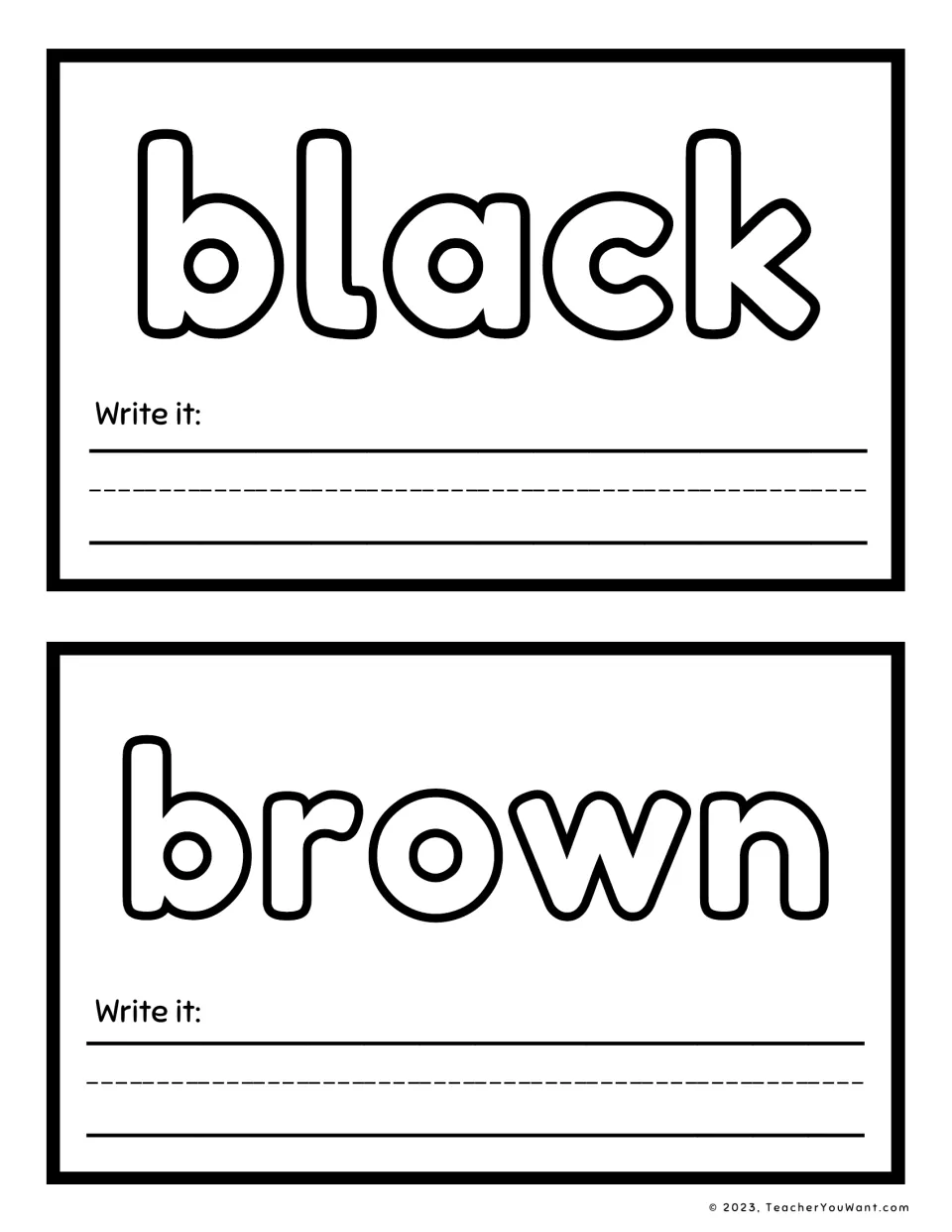 Sight word playdough mats for 'black' and 'brown', with large letters to shape and a 'Write it' prompt on each.