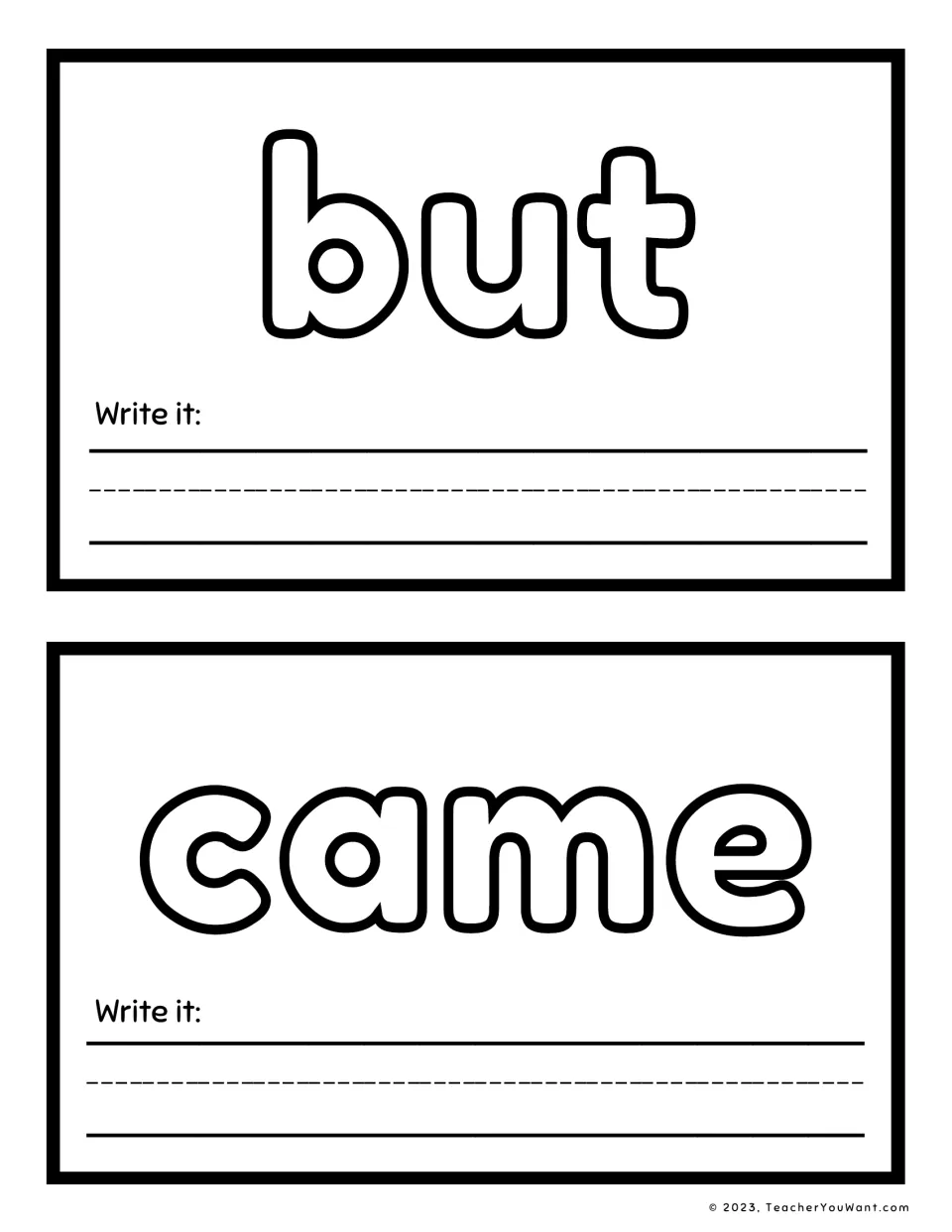 Sight word playdough mats for 'but' and 'came', with large letters to shape and a 'Write it' prompt on each.