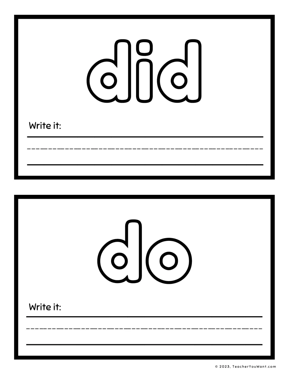 Sight word playdough mats for 'did' and 'do', with large letters to shape and a 'Write it' prompt on each.
